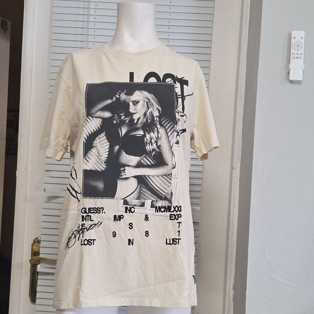 GUESS Men's Beige Cotton Graphic Print T-Shirt Regular Fit Size S